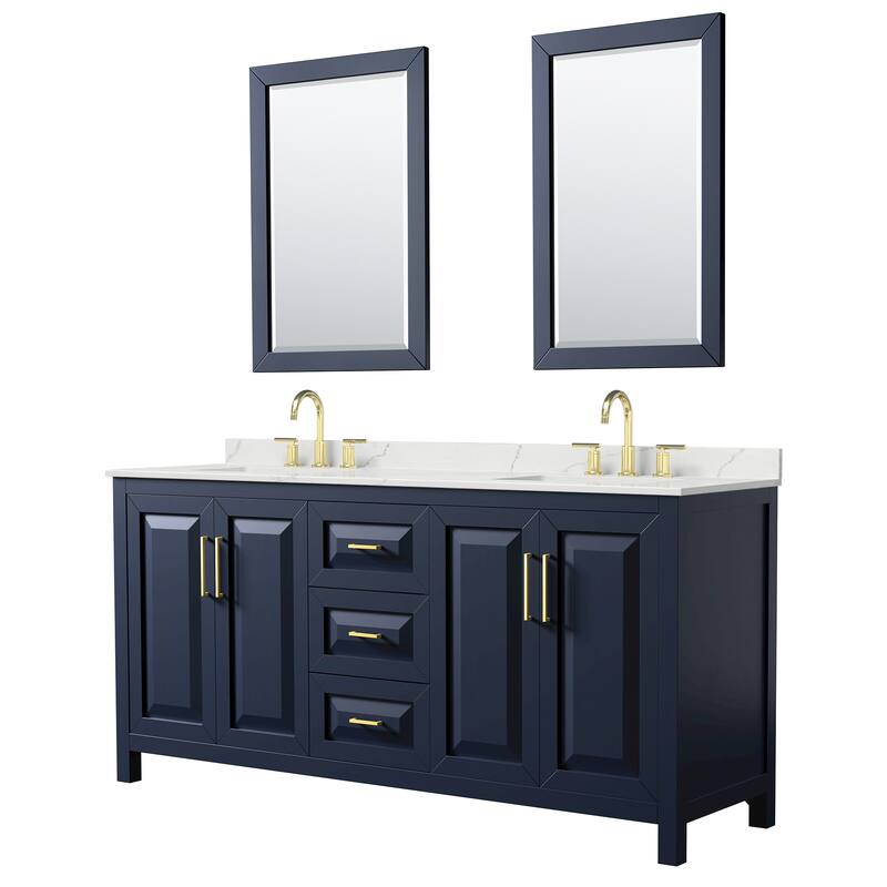 Daria 72-inch Double Vanity, 3 Hole Quartz Top, 24-inch Mirrors - Dark Blue, Gold Trim, Giotto Quartz Top
