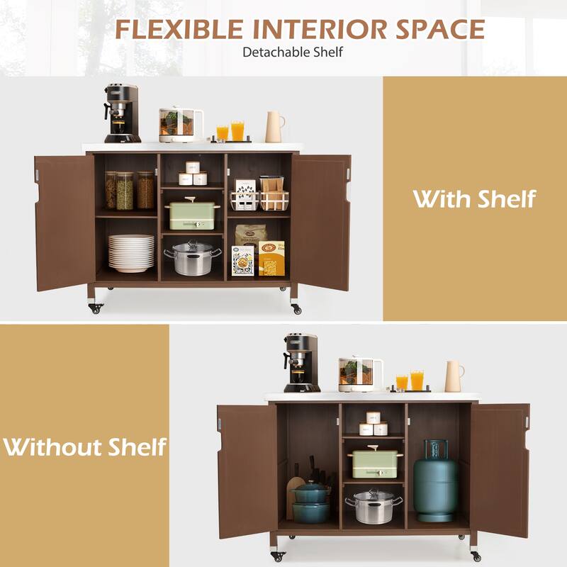 EROMMY Outdoor Kitchen Island on Wheels, Solid Cedar Wood Grill Cart with 201 Stainless Steel Top & 3‑Tier Storage - Wood Color