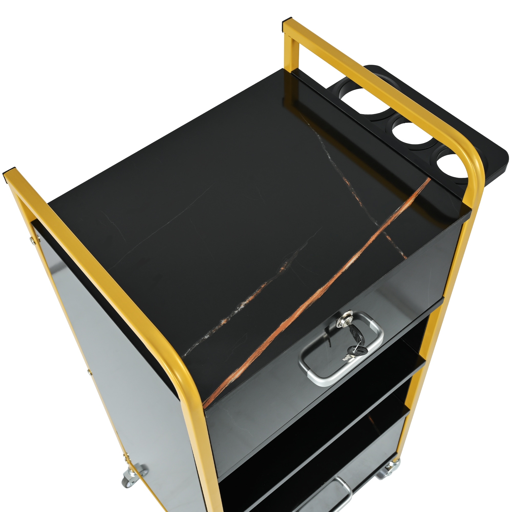 Storage Cabinet with 3 Hair Dryer Holder 2 Drawers for Beauty Spa Barber Shop Gold Black