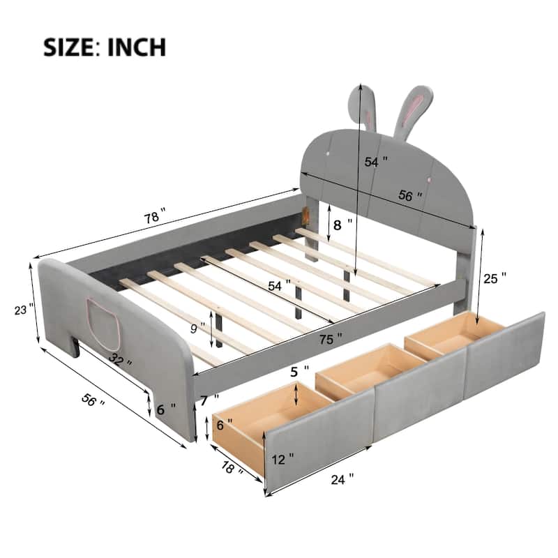 Full Size Velvet Platform Bed with Rabbit-Shaped Headboard, with Drawers, with Bed-End Storage Pocket