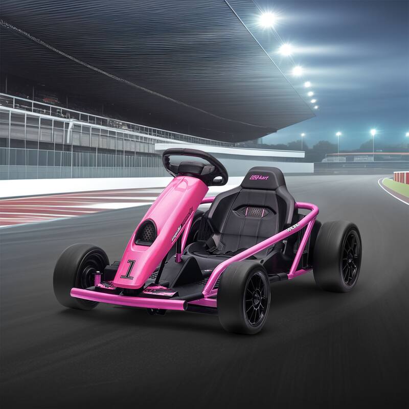 24V Electric Drift Go Kart with Safety Belt, Pink All-Terrain Car Battery Powered Electric Car with Music