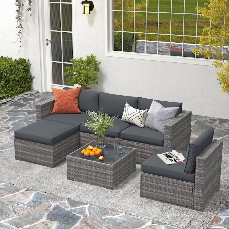 6-piece Outdoor Wicker Sectional Sofa Set - DarkGrey