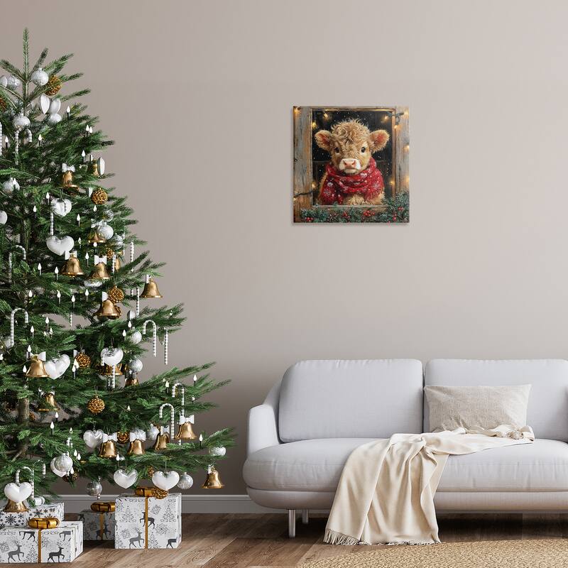 Stupell Calf with Holly & Lights Garland Canvas Wall Art Design By Riley B