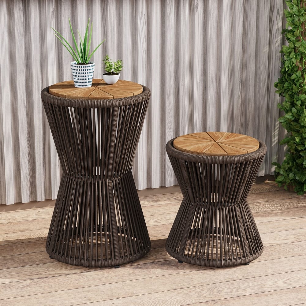 Christopher Knight Home - Nara Modern Outdoor Acacia Wood and Woven Rope Sculptural Side Table Set, Set of 2 - 32.28"L