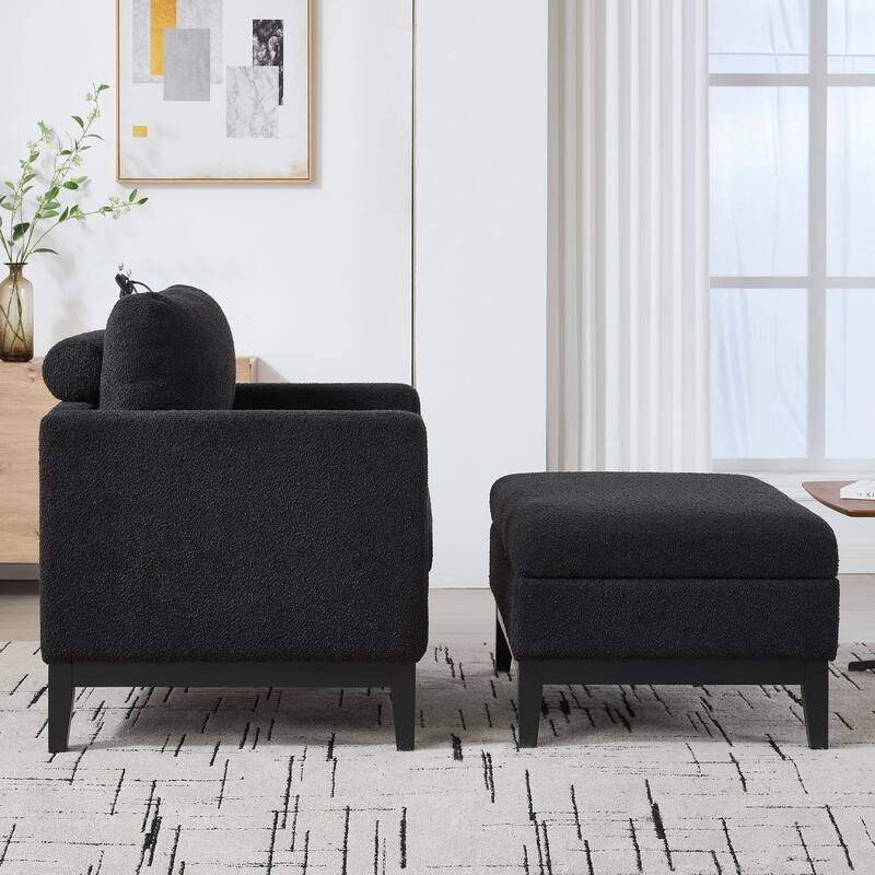 Boucle Armchair with Storage Ottoman - 300lb Capacity, Farmhouse Style