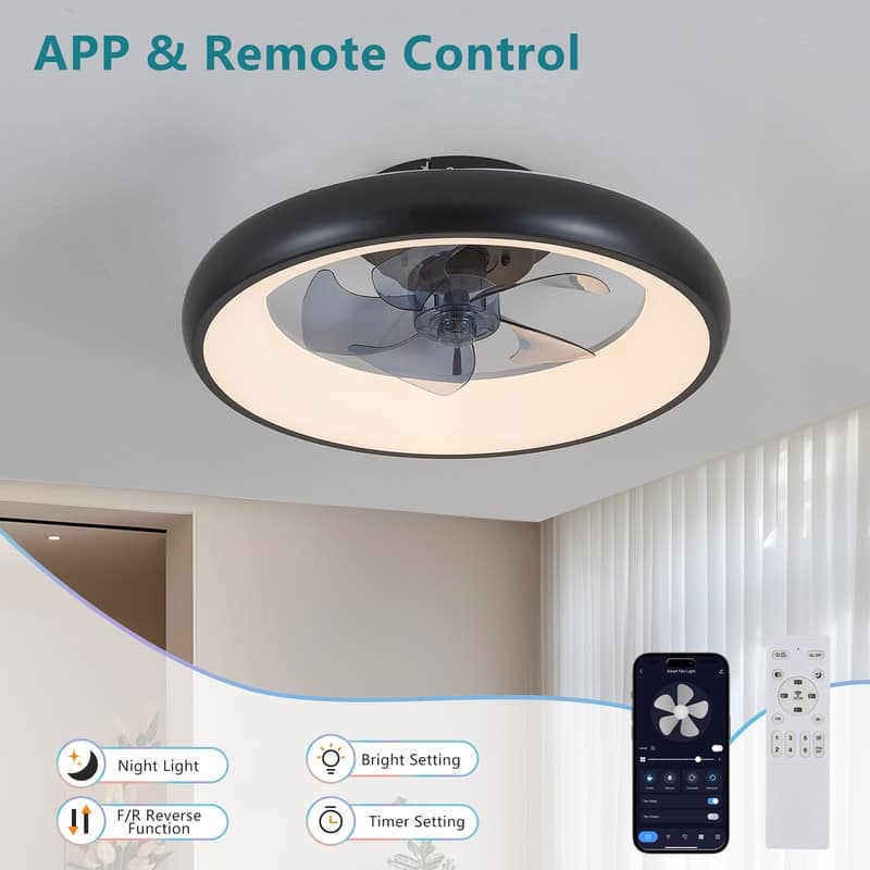 20" Black Smart LED Ceiling Fan – Dimmable & Adjustable Color Temperature, Silent 6-Speed Reversible DC Motor.