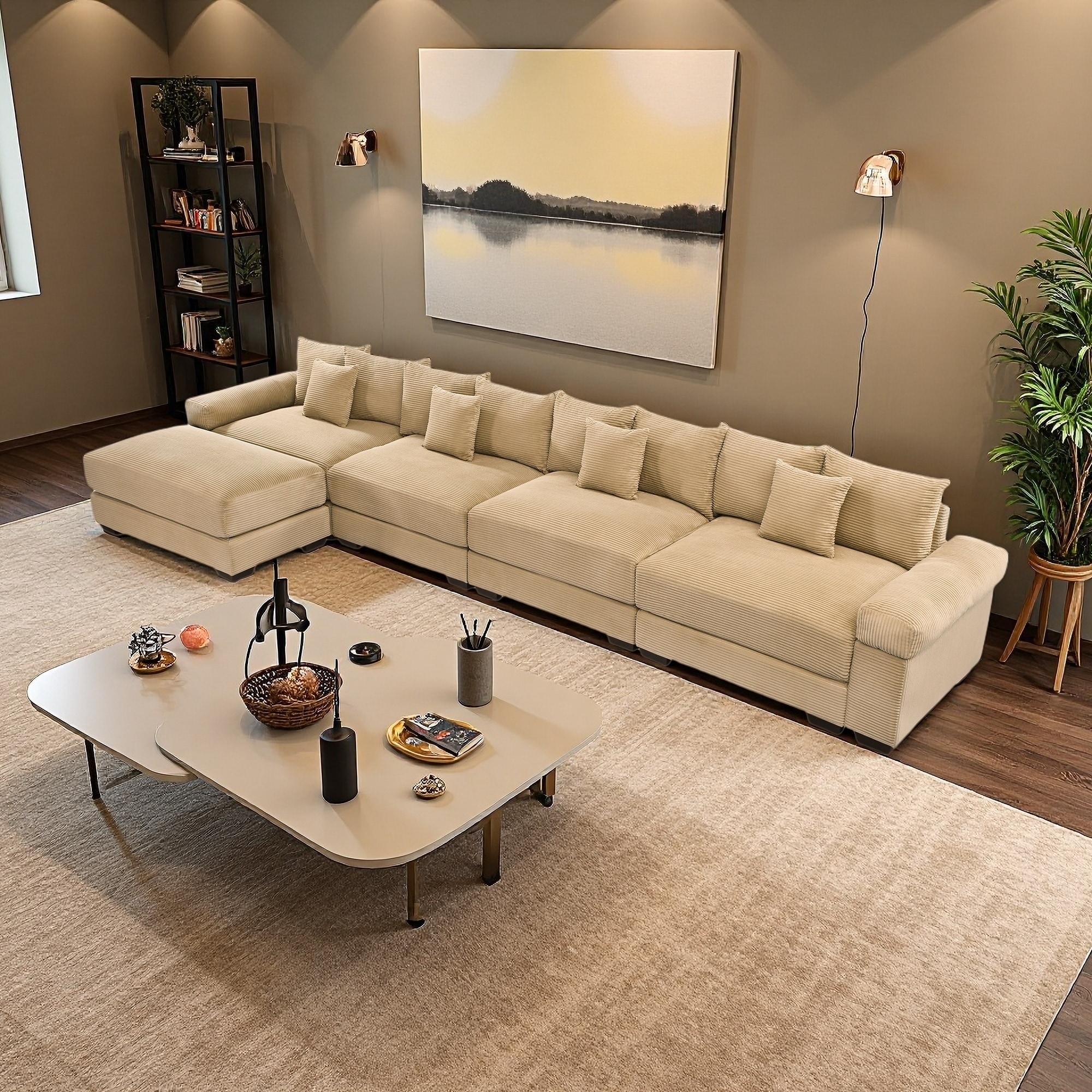 167.6" Corduroy Modular L-Shaped Cloud Sectional Sofa with Ottoman Included and 12 Throw Pillows (4-Seater)