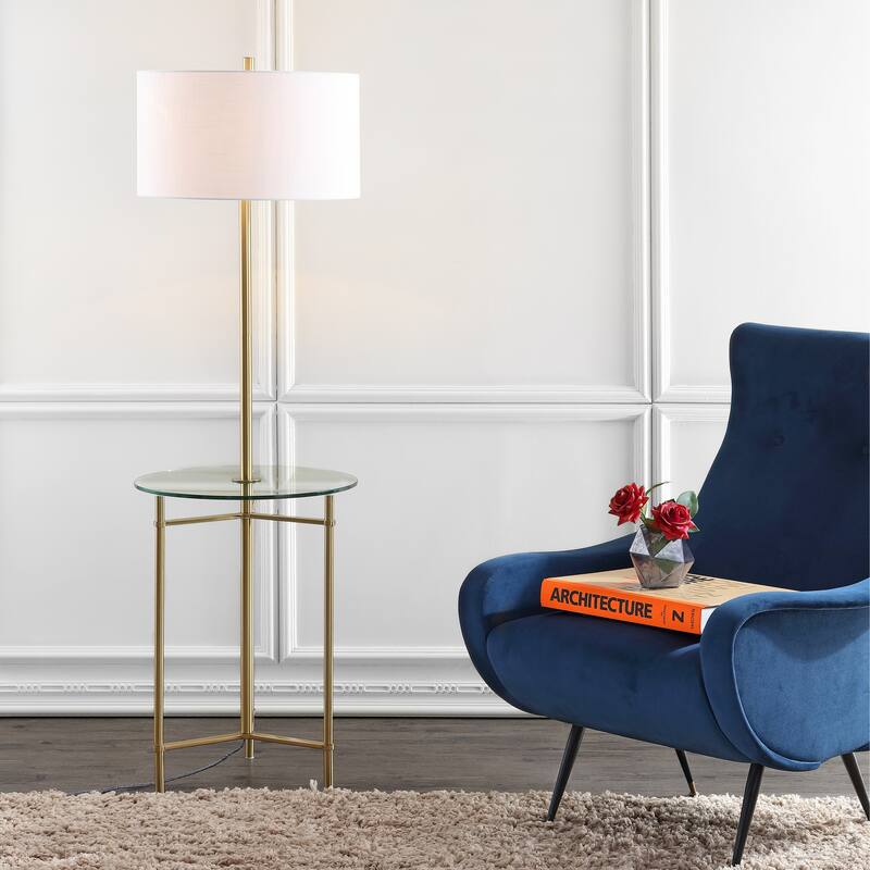 Trisha 59" Metal/Glass LED Side Table and Floor Lamp, Brass by JONATHAN Y - Brass Gold - 59" H x 18" W x 18" D