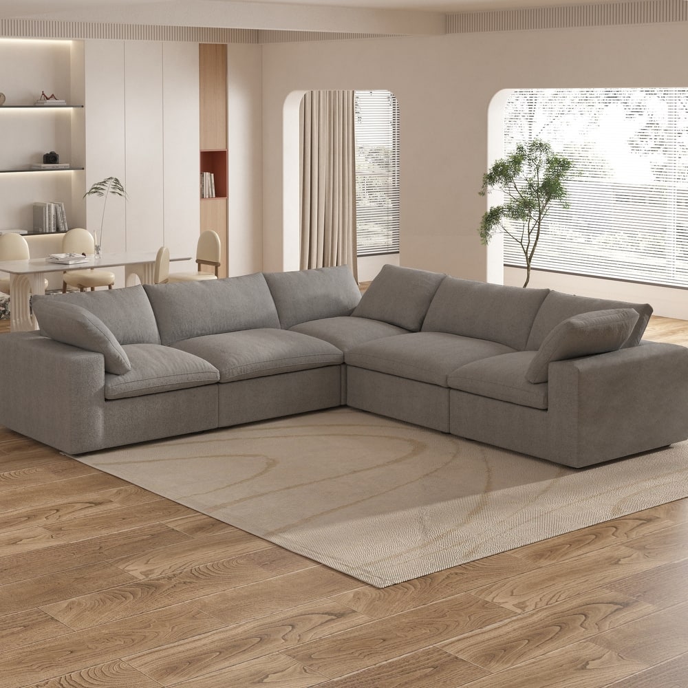 Large Down Filled Corner Sectional Sofa Couch with Ottoman for Living Room Set Linen Cloud Sectional Couches