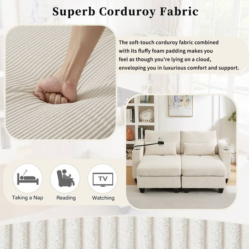 63" Corduroy Convertible Loveseat Sofa Bed with USB Ports, Two Cup Holders, A Phone Holder for Living Room