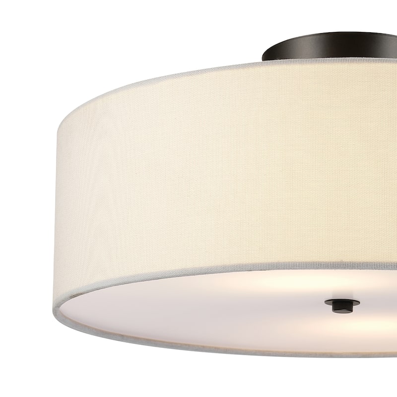 2-Light Dark Bronze Flush Mount Ceiling Light, White Linen Shade - 15.9