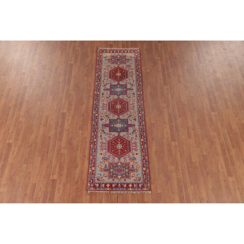 Geometric Grey Kazak Oriental Runner Rug Handmade Wool Carpet - 2'6"x 8'2"