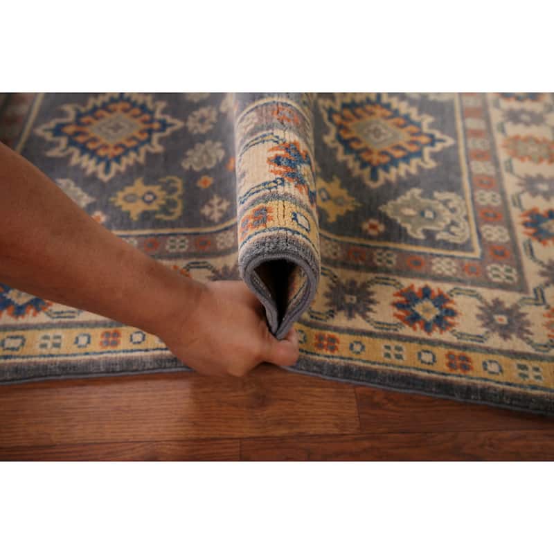 Gray Geometric Kazak Accent Rug Handmade Oriental Wool Carpet - 2'7" x 4'1"
