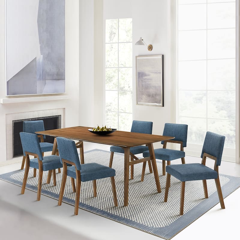 Channell Black or Walnut Wood 7 Piece Dining Set - Blue/Walnut