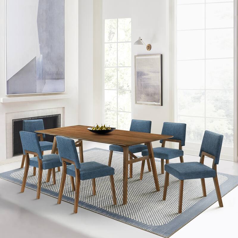 Channell Mid-Century Modern Upholstered Wood Dining Chairs - Set of 2/4/6 - Set of 6 - Blue and Walnut