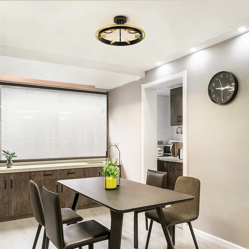 21.7" 6-Light Industrial Mette Black & Gold Wagon-Wheel Circle Ring Semi-Flush Mount Ceiling Light for Living Room, Kitchen