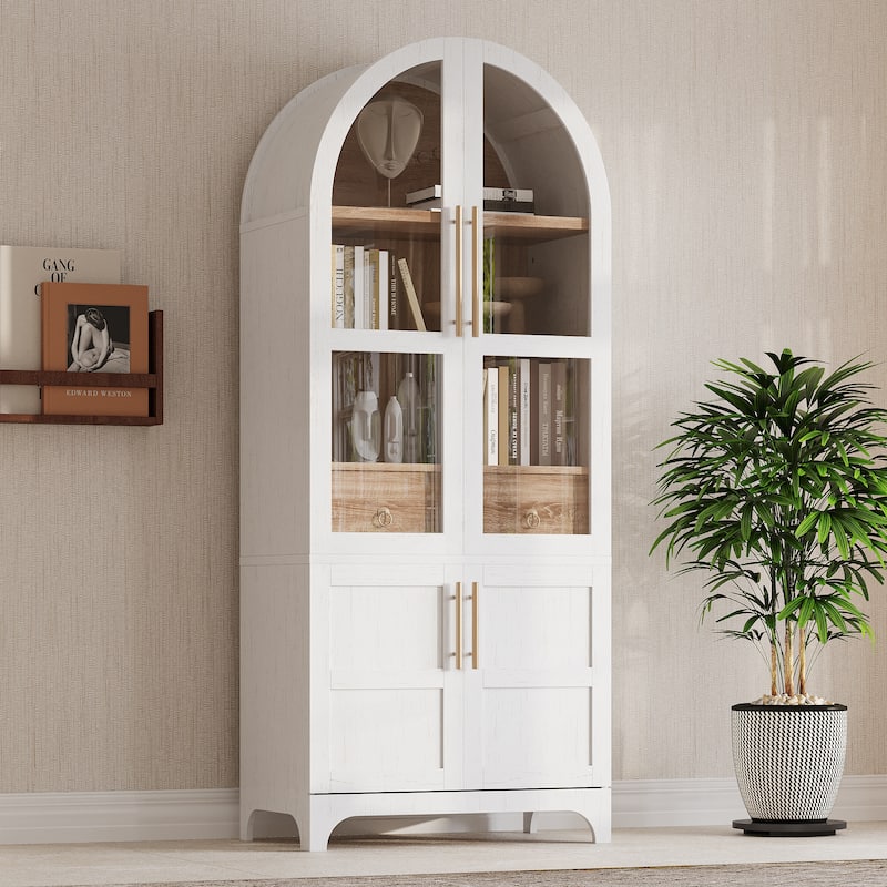 71"Tall Arched Kitchen Pantry Cabinet with Door Shelves, with Open & Adjustable Shelves, Hidden Drawer & Glass Door