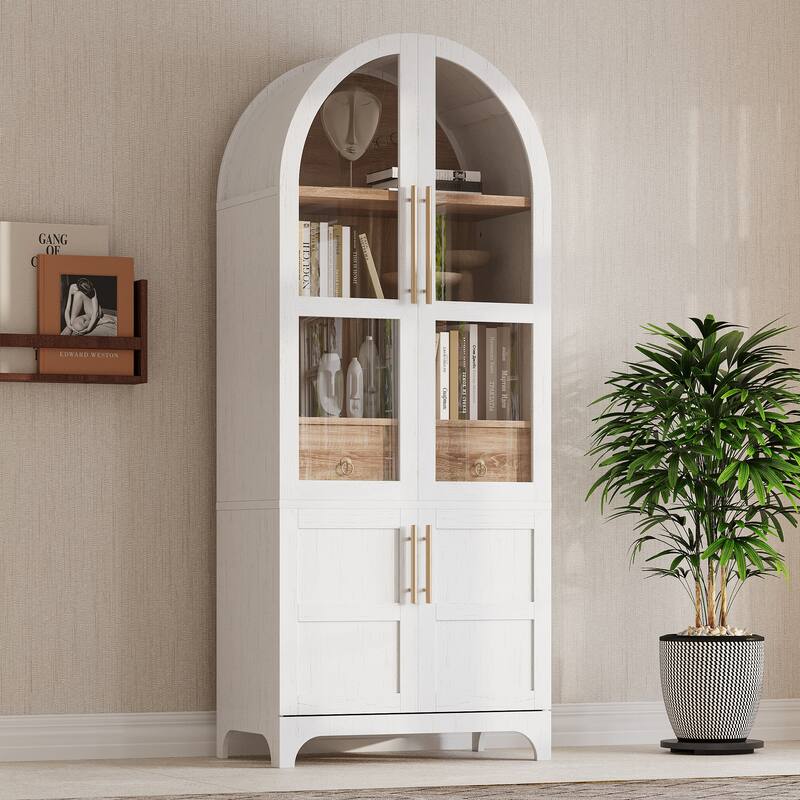 Farmhouse Arched Pantry Cabinet - 71" Tall Kitchen Storage with Adjustable Shelves, Glass Door & Hidden Drawer
