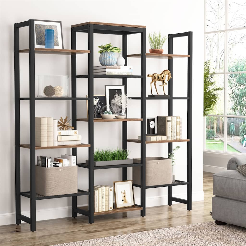 Triple Wide 12-Shelf Bookcase, Vintage Etagere Bookshelf