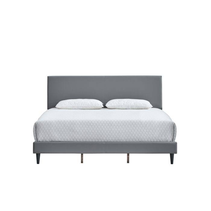 Queen Bed with Adjustable Headboard, Light Grey Faux Leather, No Mattress Included