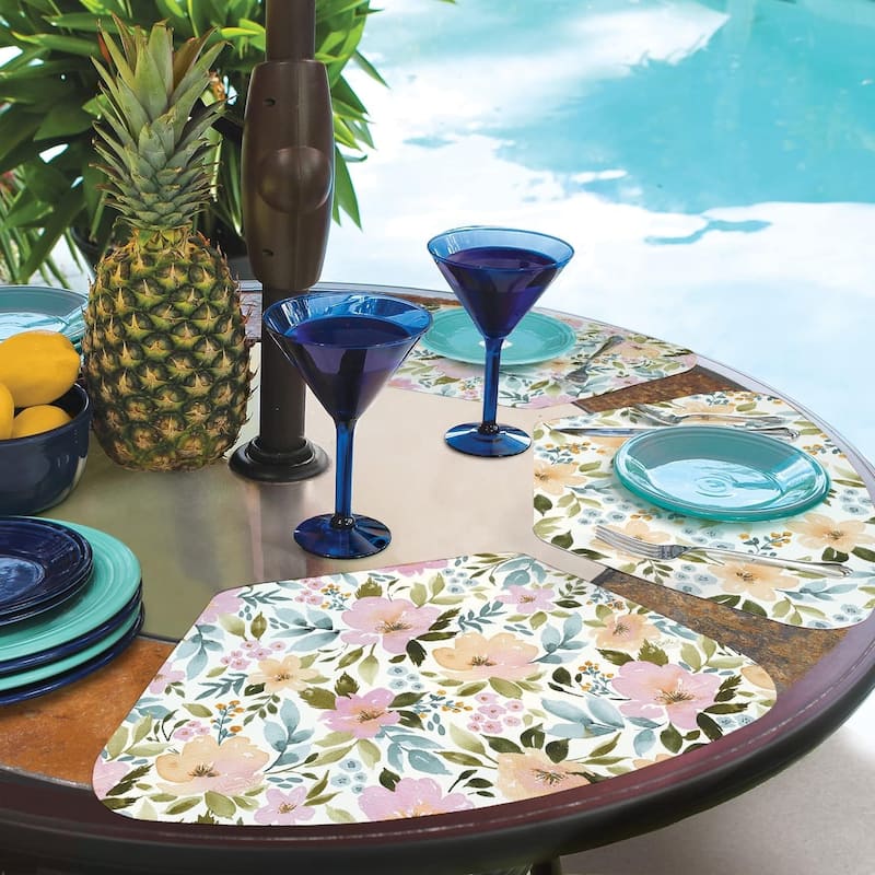 Cascade Floral Wedge Shaped Reversible Flexible Plastic Placemat 4 Pack Made in The USA 17.75" x 11.25" Colorful, Reversible