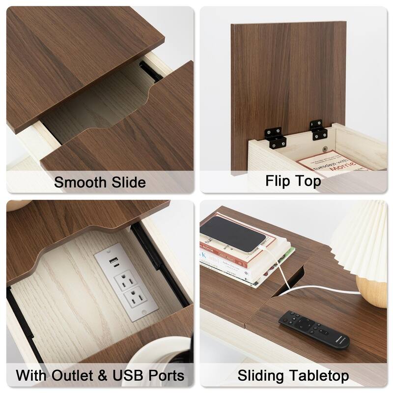Flip Top Narrow End Table with Storage and Built-In Outlets, Small Side Table