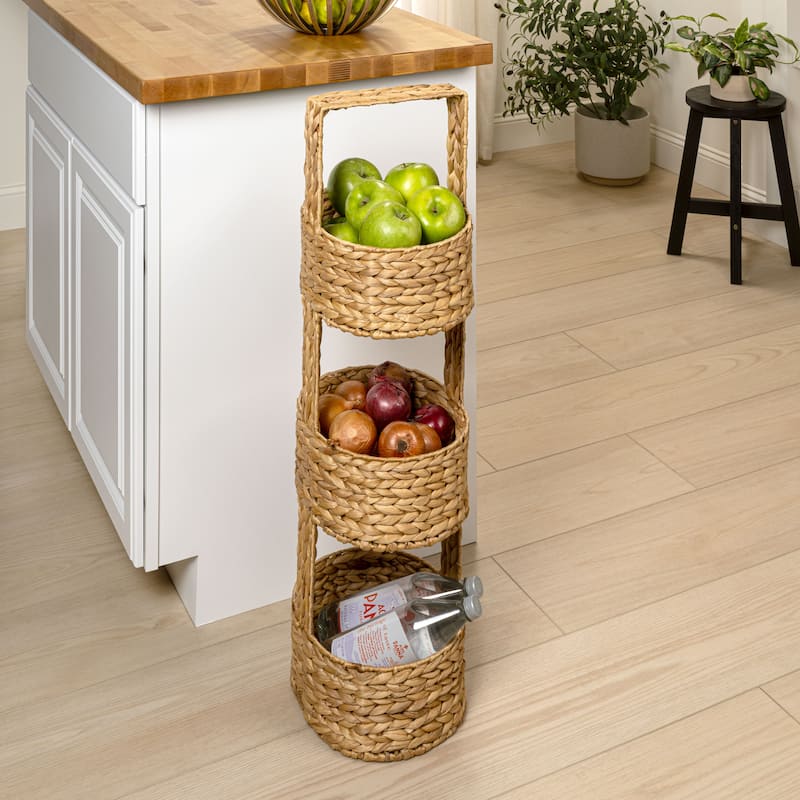 Riverbend 35.5 in. H Coastal Handwoven Water Hyacinth 3-Tier Round Basket Freestanding Storage Tower Stand with Top Handle