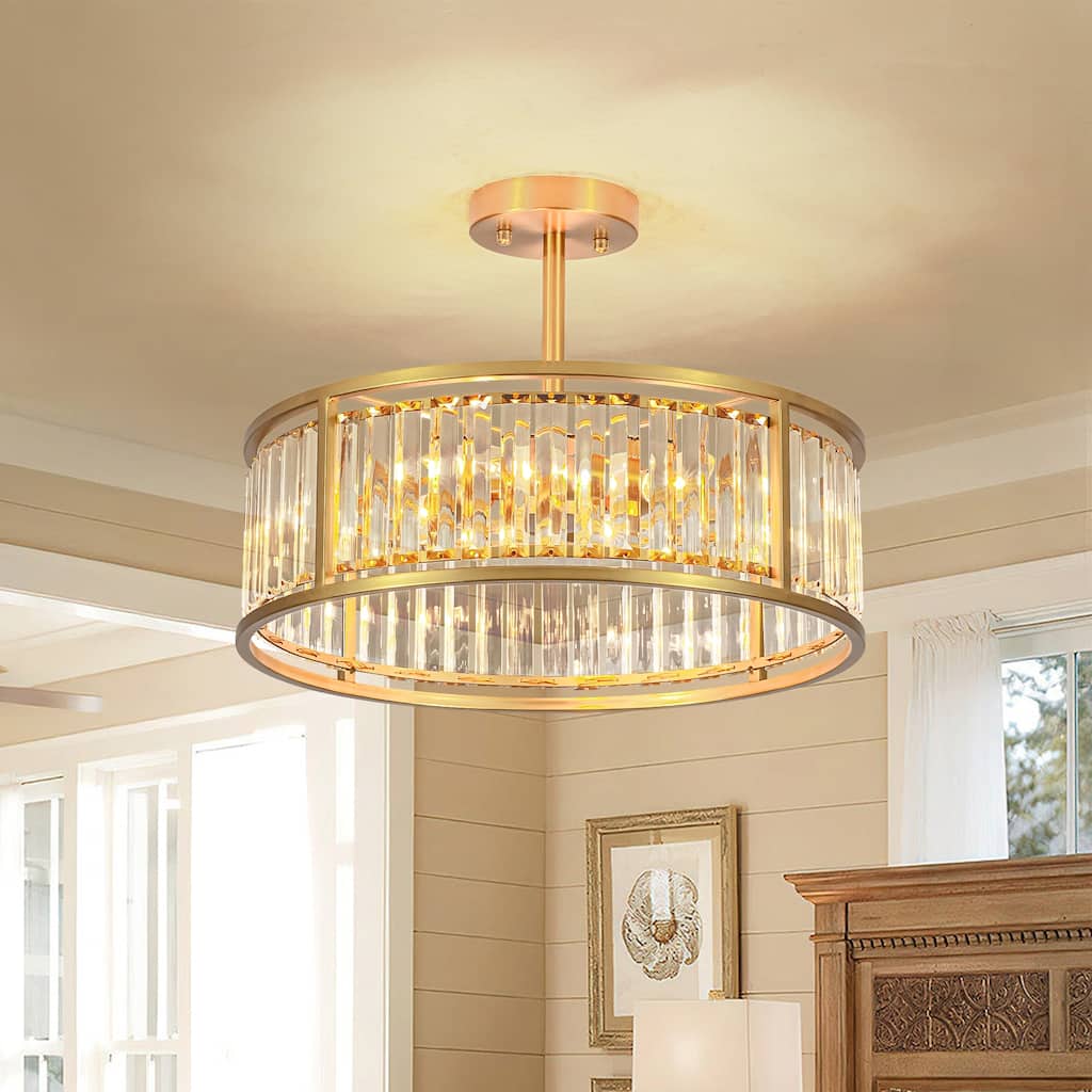 4-Light Mid-Century Modern Black/Gold Drum Crystal Semi-Flush Mount Ceiling Light