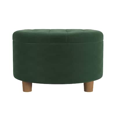Jo Storage Ottoman, 28 Inch Round Tufted Lift Top, Olive Green Velvet