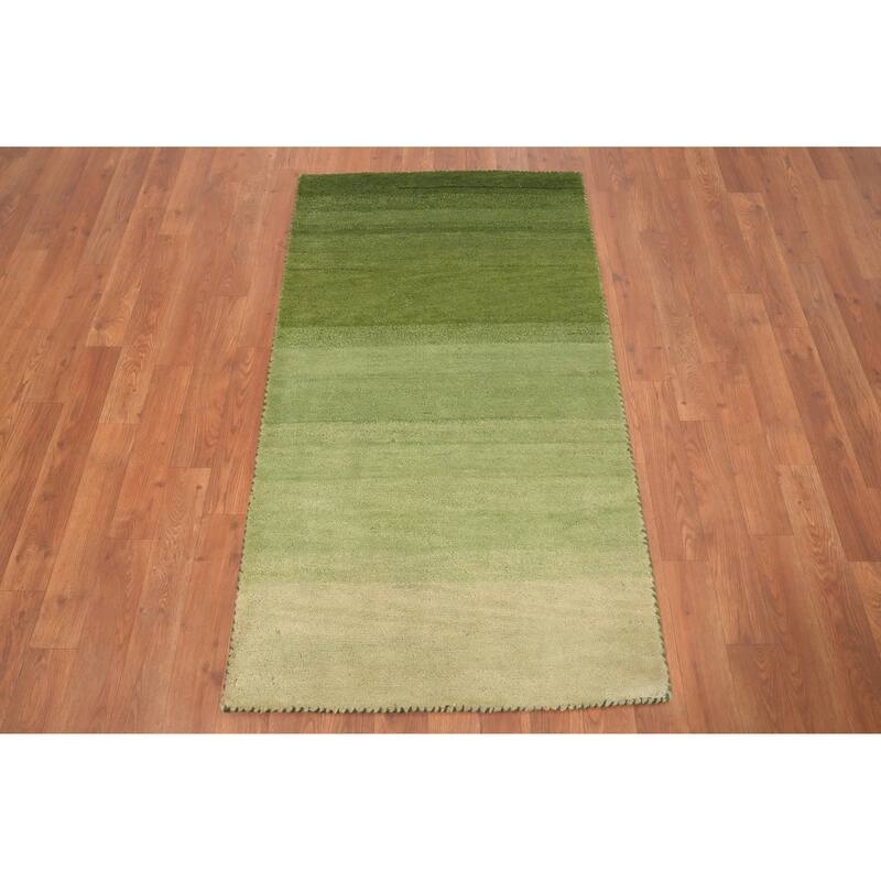 Hand Knotted Oriental 100% Wool Carpet Modern Stripe Green Gabbeh Area Rug - 4' 5'' X 2' 5''