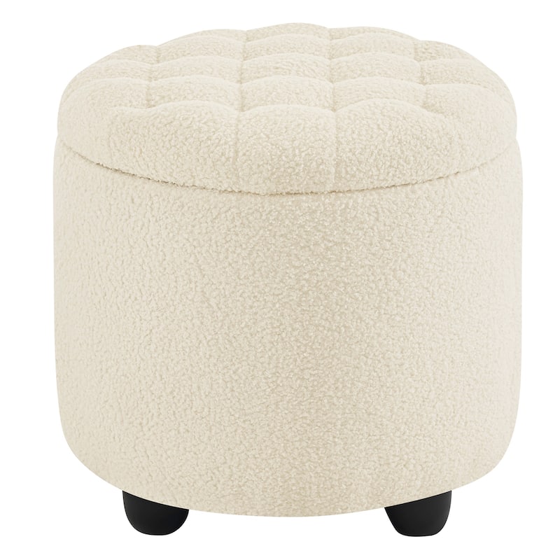 Modern Button Tufted Accent Storage Ottoman, Small Upholstered Circle Pouf Footstool with Removable Lid Storage Ottoman