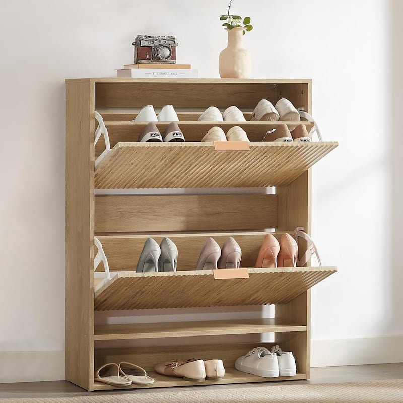 31.5''W Slim Shoe Cabinet, Fluted Hidden Shoe Storage Cabinet with 2 Flip Drawers, Wooden Fluted Shoe Rack