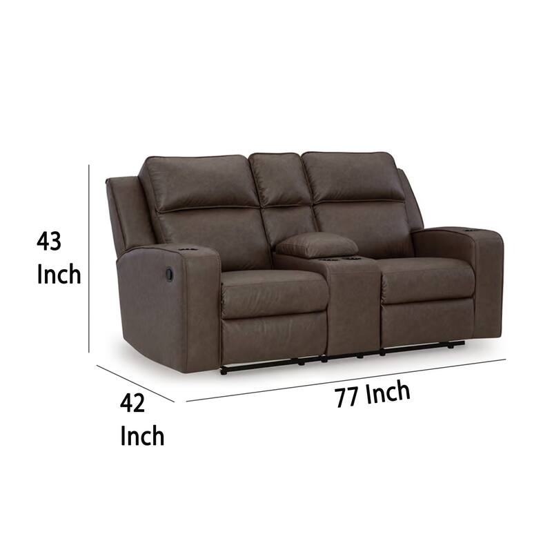 Livie Manual Recliner Loveseat, Console Brown Gray Faux Leather 77in