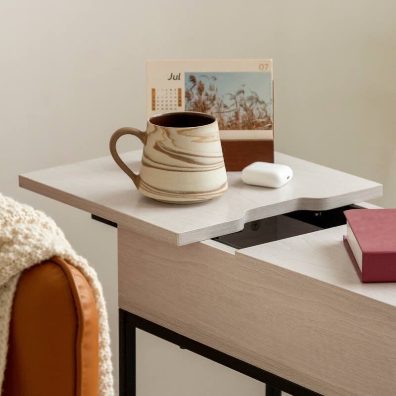 Flip Top Narrow End Table with Storage and Built-In Outlets, Small Side Table
