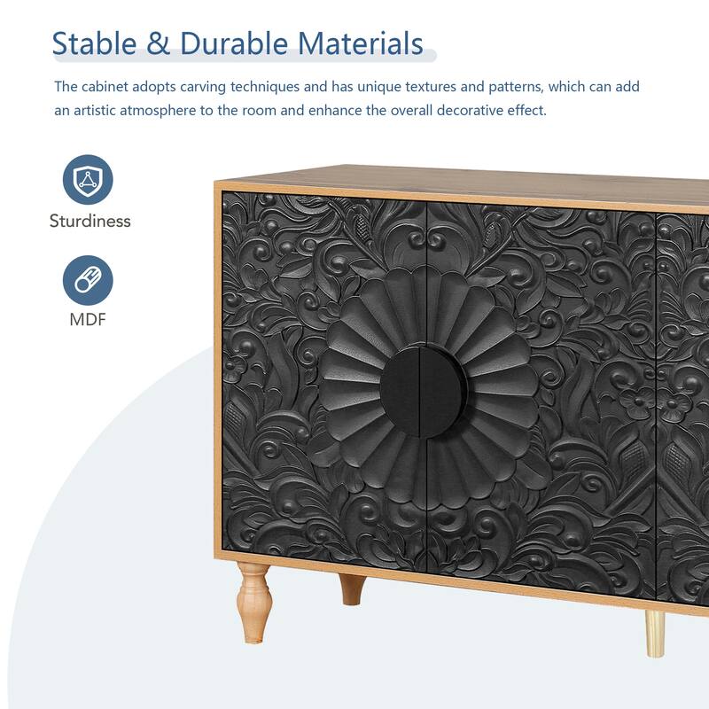 62.99" Accent TV Stand Cabinet with Carved Pattern Door, Storage Shelf, and Solid Wood Leg for Living Room