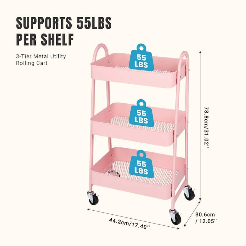 Versatile 3-Tier Rolling Storage Cart - Locking Wheels, Heavy Duty Metal Frame for Home & Office Organization