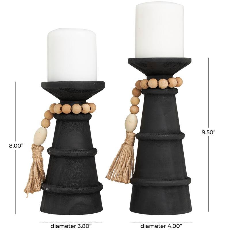 Black Wood Handmade Textured Matte Candle Holder with Beaded Garland Accent (Set of 2)