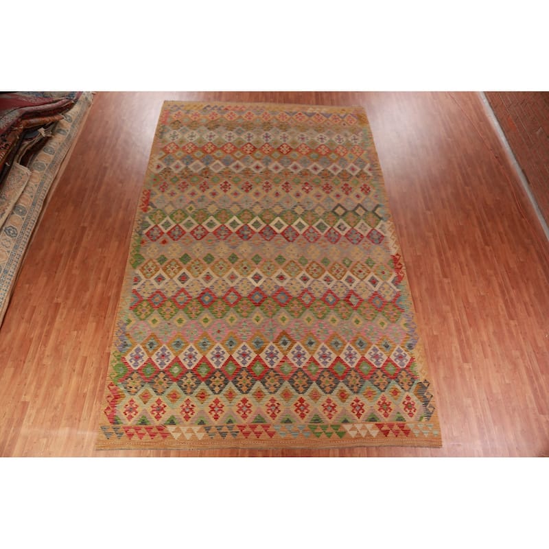 Geometric Kilim Oriental Large Rug Multi-Color Flatweave Wool Carpet - 10'3"x 15'10"
