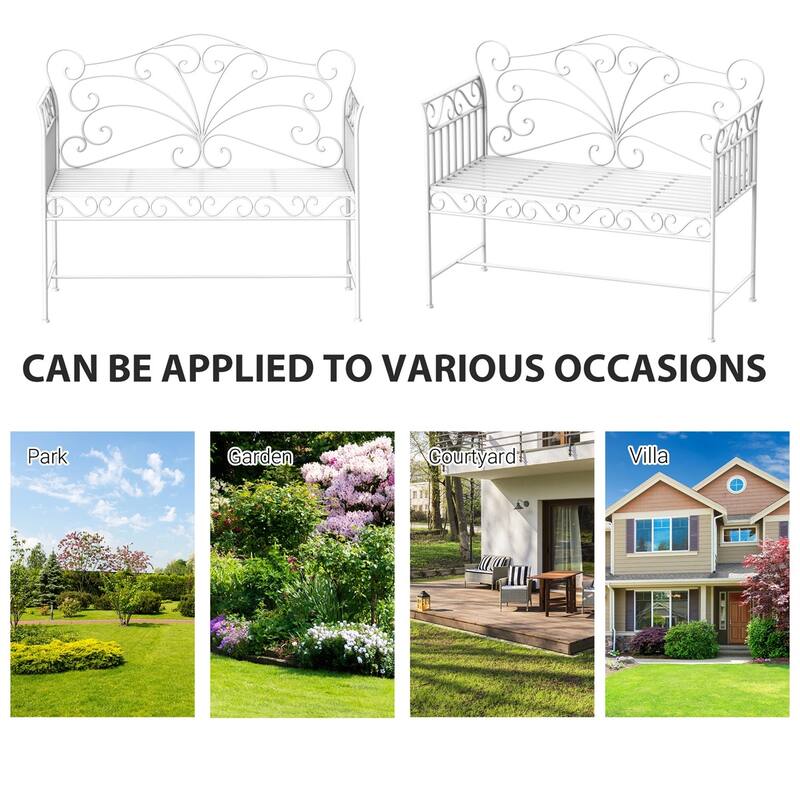 White Outdoor Garden Bench with Armrests for Patio - 44.75" L x 19.75" W x 37.75" H