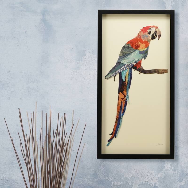 "Tropical Parrot" Alex Zeng's dimensional collage, under glass & a black shadow box frame