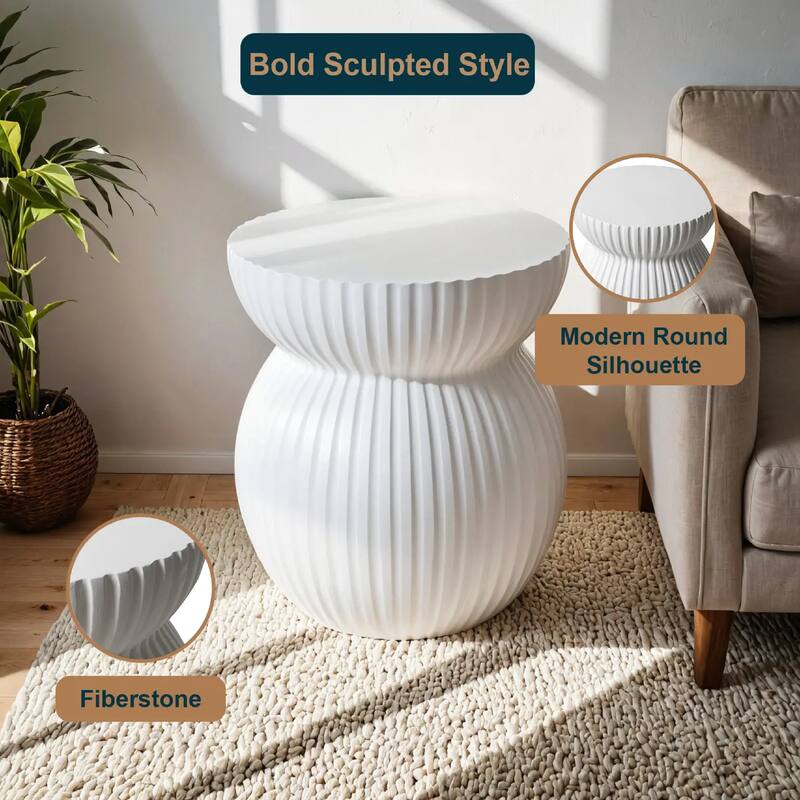 Mander Fiberstone Side Table - Ribbed Hourglass End Accent Table for Indoor or Outdoor Use