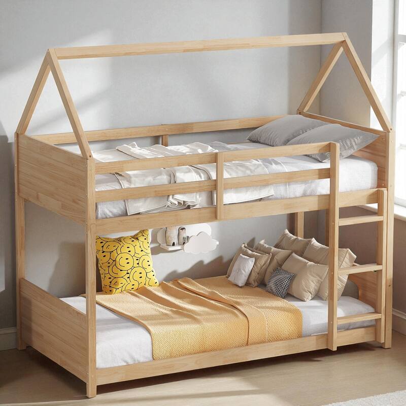 Twin Over Twin House Floor Bunk Bed with Ladder, Rubber Wood Frame with Guardrails, Headboards and Footboards for Kids