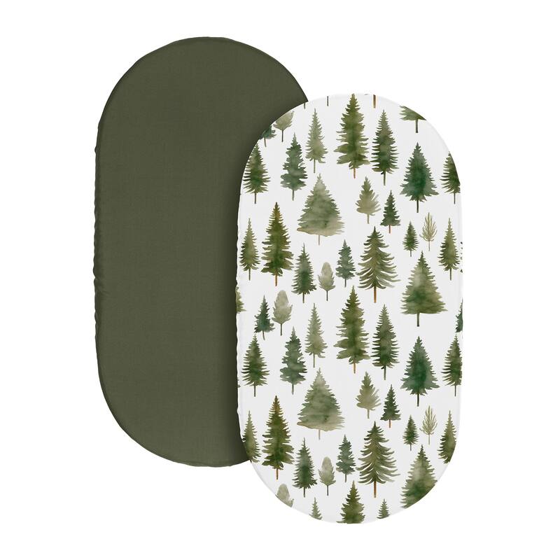 Sweet Jojo Designs Sage Green Woodland Boy, Girl, Unisex/Gender Neutral 2 Pack Baby Bassinet Fitted Sheets -Hunter & Forest Tree