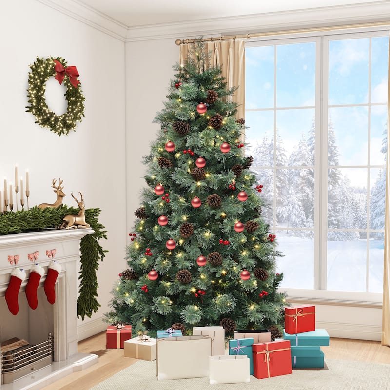 6/7.5ft Prelit Artificial Carolina Pine Christmas Tree with Remote, Green Artificial Hinged Christmas Tree w/ 1200 Mixed Tips - 6 Foot