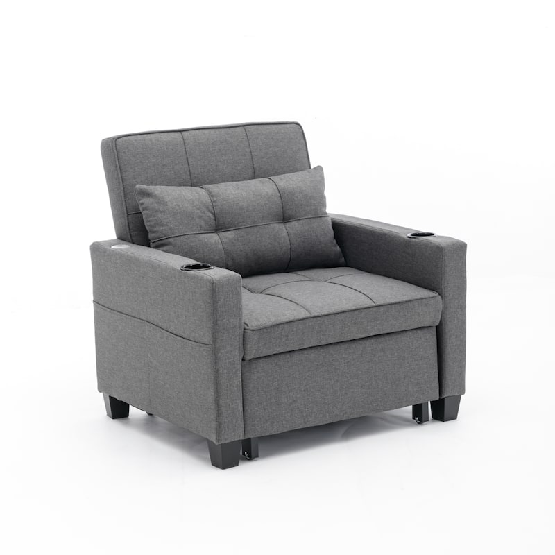 Dark Grey 68.12" Linen 3-in-1 Single Convertible Pull Out Sofa with USB Ports and Wear-resistantfor Living Room