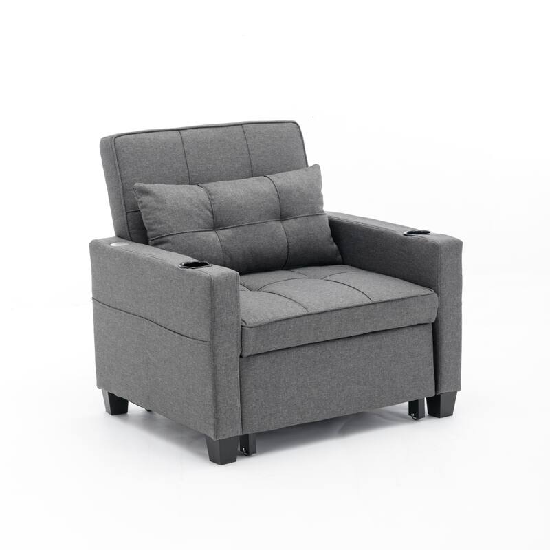 Linen Convertible Futon Armchair Bed with USB Ports, Adjustable Backrest and 3-in-1 Functionality
