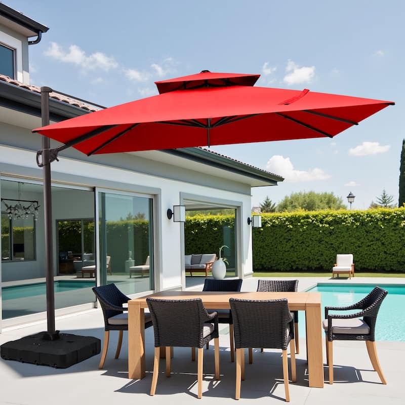 10.5ft Outdoor Patio Double Top Cantilever Offset Umbrella with Base Stand - Red