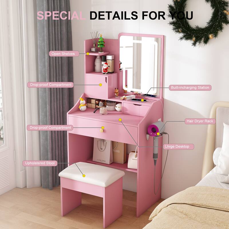3-Color LED Vanity Mirror with Stool, Pink Dressing Table for Bedroom, 2 Drawers & 5 Storage Cabinets (4 Open + 1 Hidden)