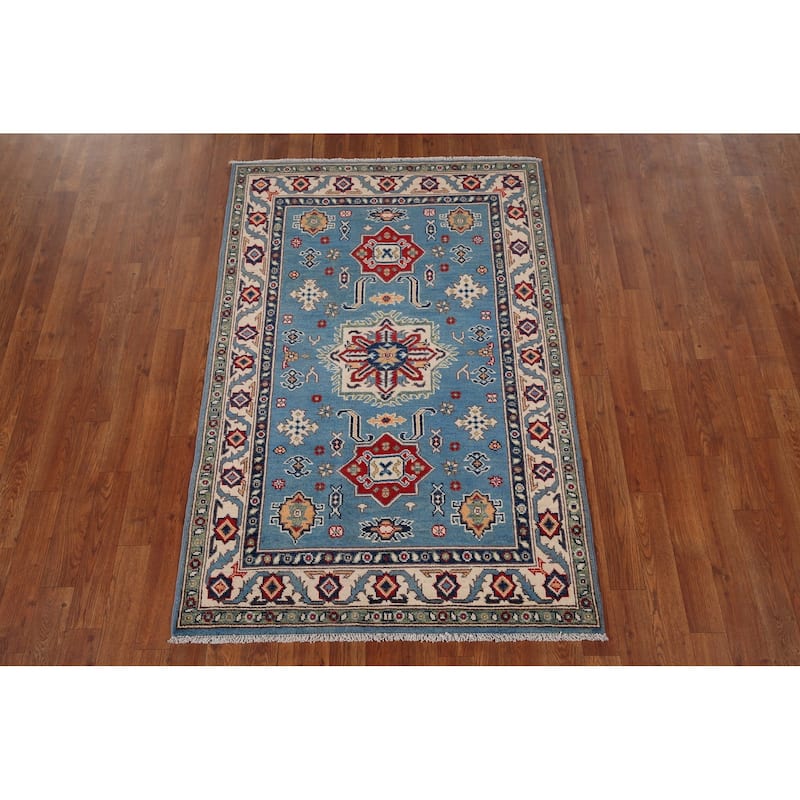 Blue Geometric Kazak Accent Rug Hand-Knotted Wool Carpet - 3'4" x 5'0"