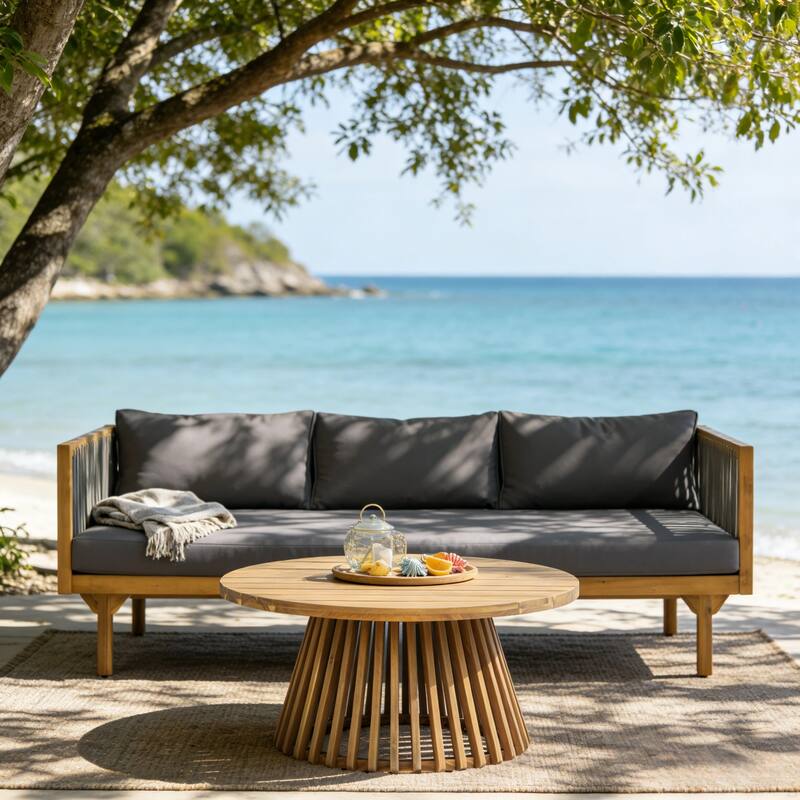 Christopher Knight Home - Outdoor Teak Finish Wood & Rope Woven Sofa Set with Coffee Table